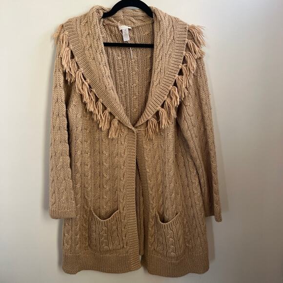 Chicos Cardigan Tan flecked with gold tassels oversized - Picture 1 of 8